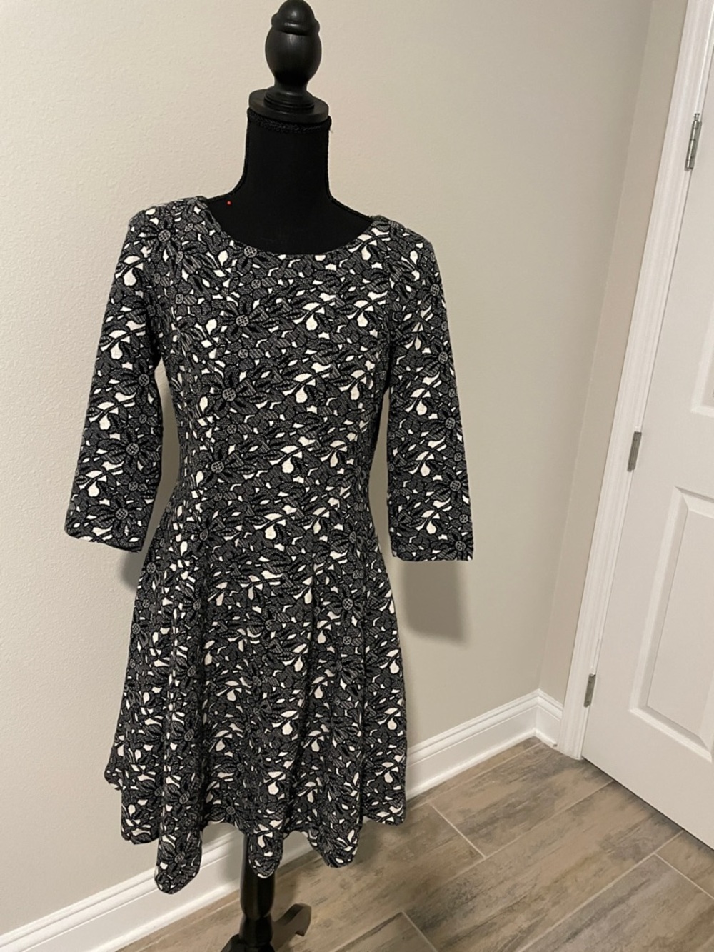 Black and White Floral Long-Sleeve Fit & Flare Dress